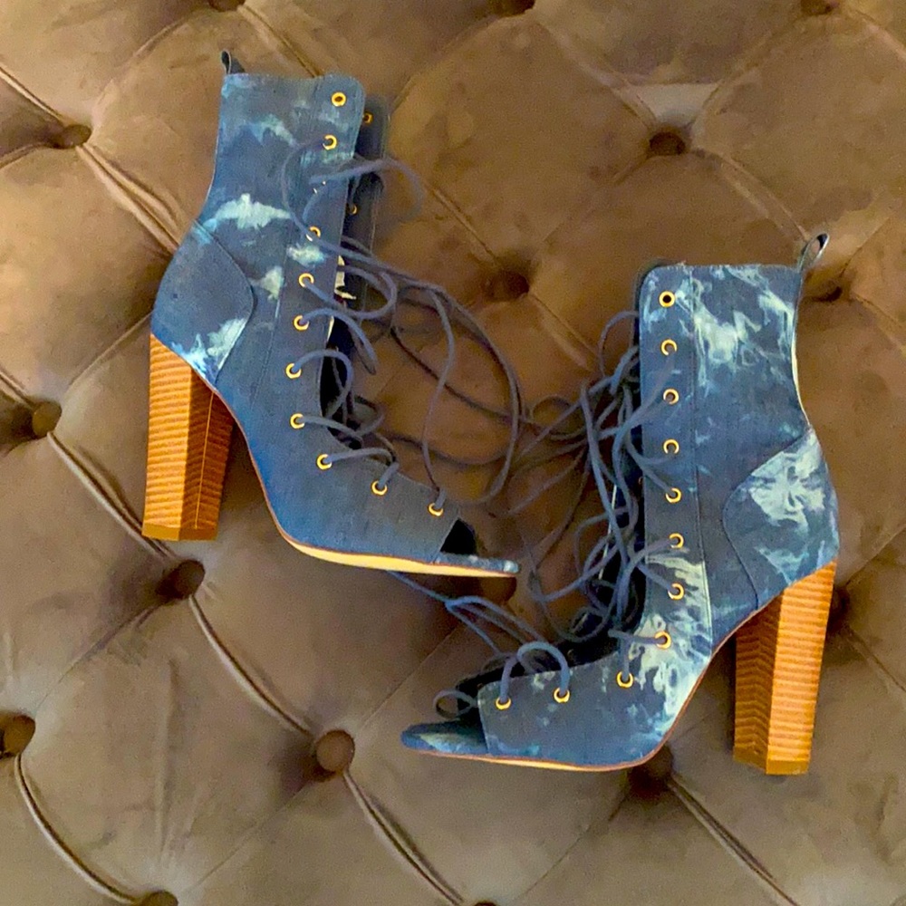Denim Lace up block heel booties